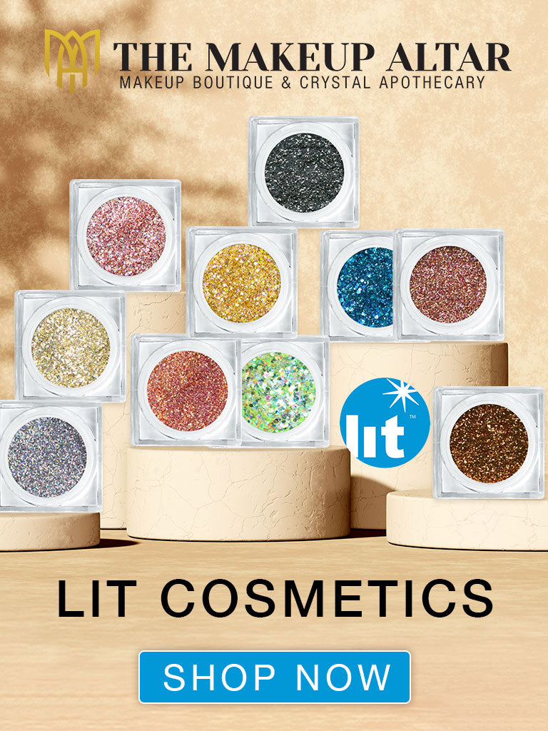 Display of glittery makeup products with 'The Makeup Altar' and 'LIT Cosmetics' branding.