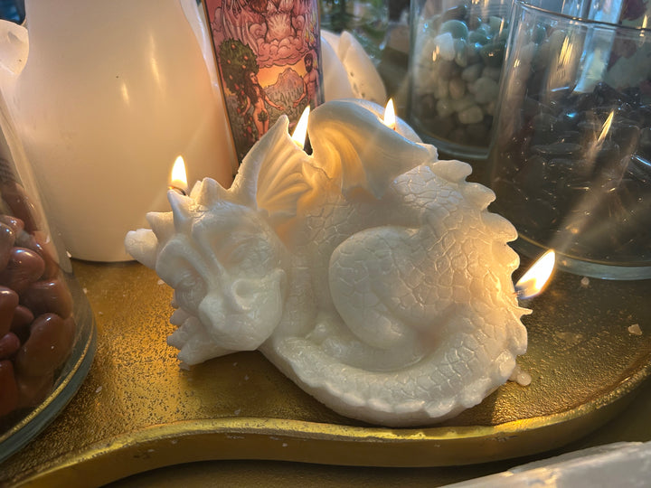 Close up lit White Sleeping Dragon Candle
