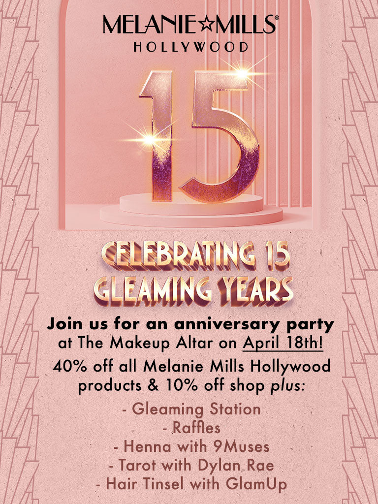 Promotional poster for Melanie Mills Hollywood celebrating 15 years with an anniversary party invitation.