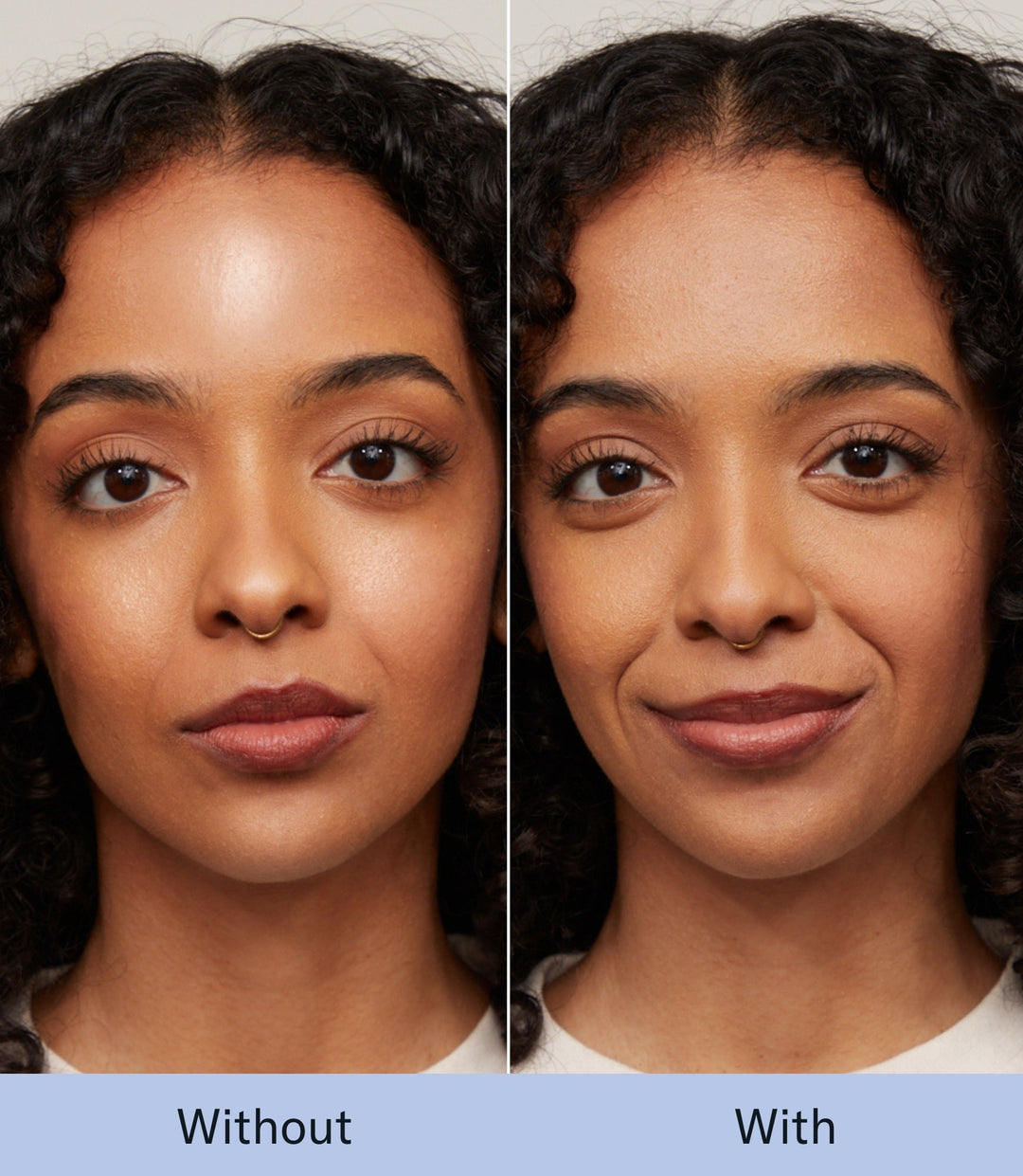 Translucent Blurring Loose Setting Powder before and after on a medium skin tone