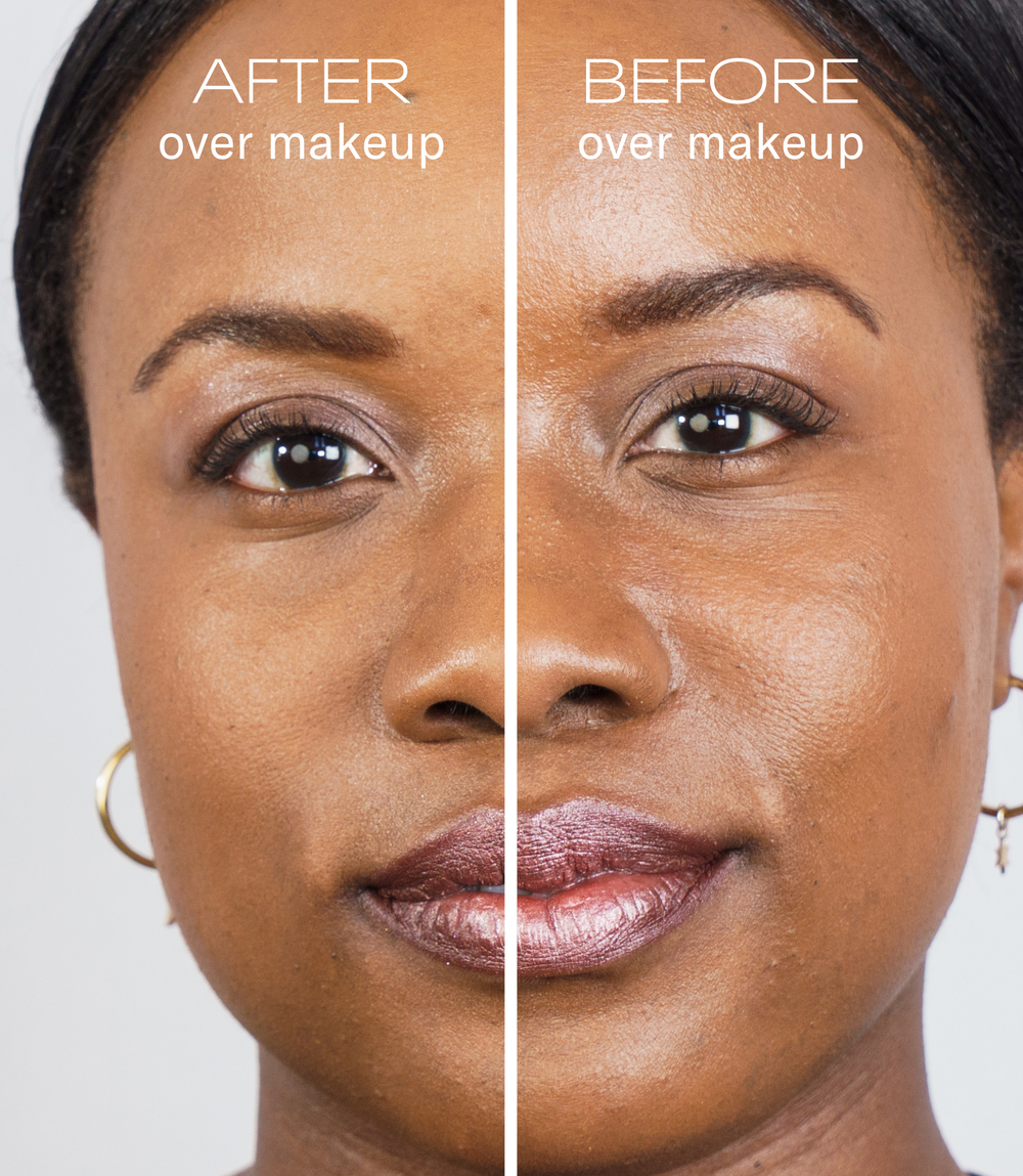 Before and after comparison of a woman's face with makeup application.