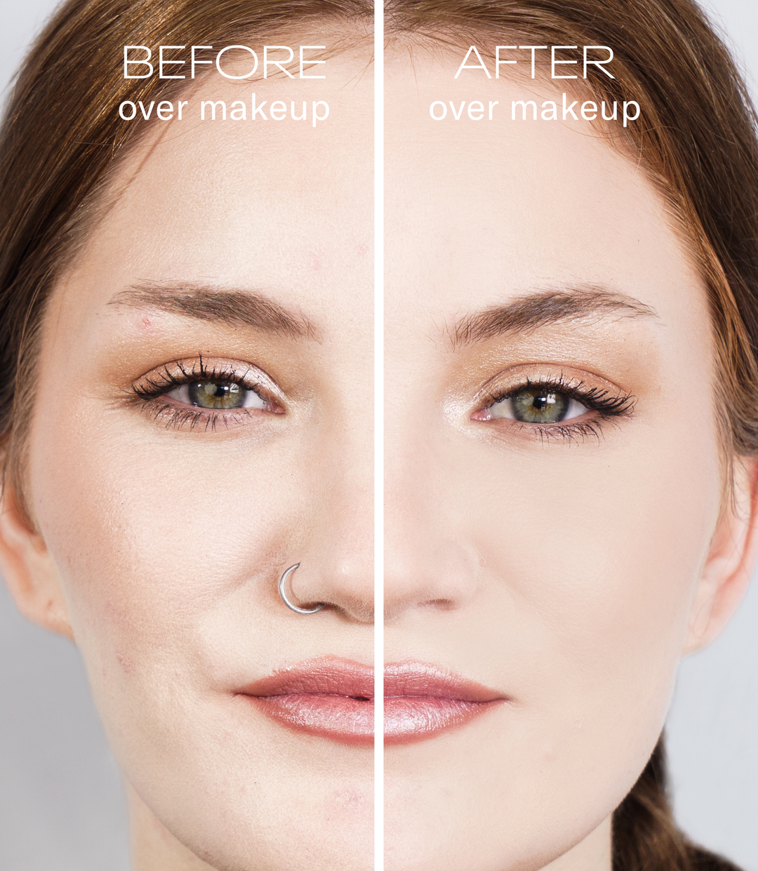Before and after comparison of a woman's face with makeup removal.