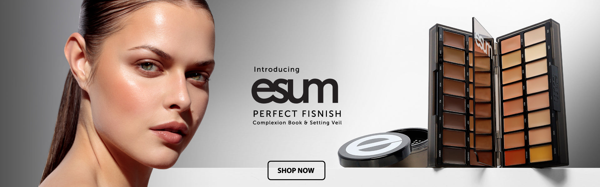 Esum makeup palette with a model's face on a gray background