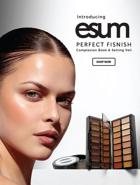 Advertisement for esum Perfect Finish Complexion Book & Setting Veil with a model's face and product packaging.