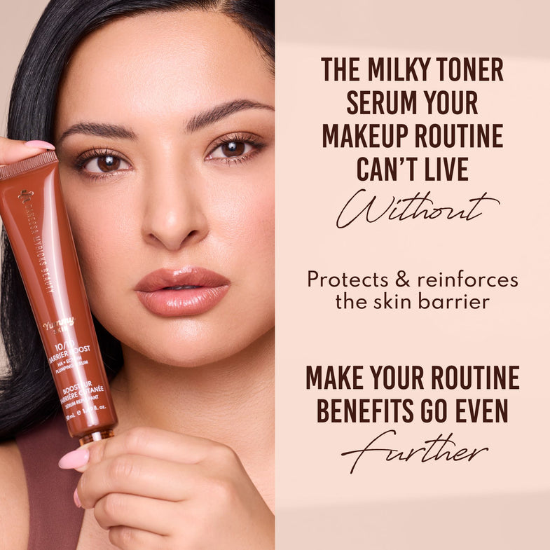 Woman holding a skincare product with text about its benefits on a beige background