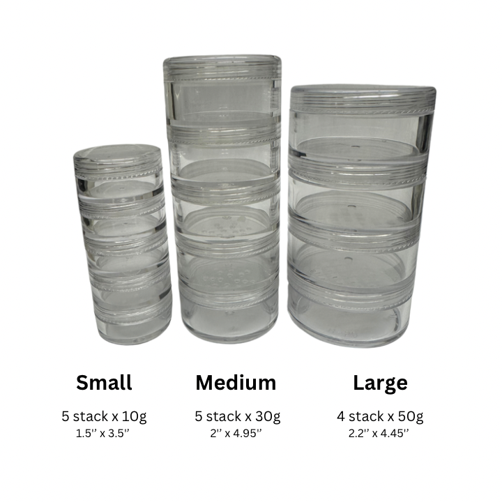 Clear plastic containers stacked in small, medium, and large sizes on a white background.