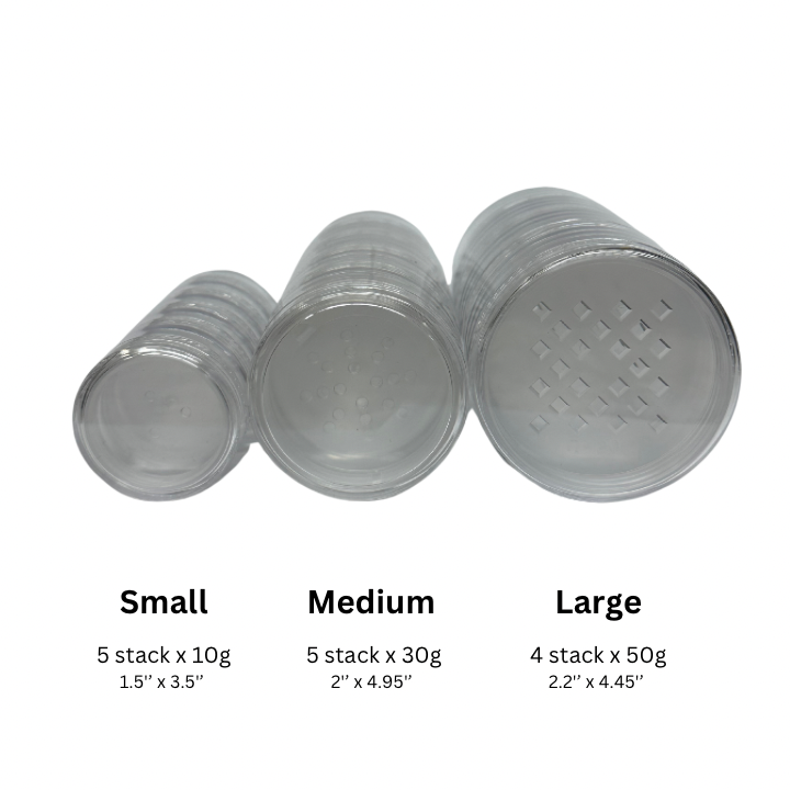 Three sizes of clear plastic containers with dimensions and weight labels on a white background.