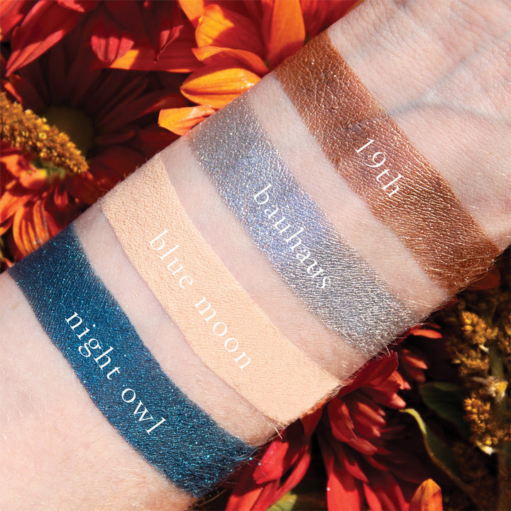 The Petits Fours Lapis pallet swatched and labeled on a light skin person to show what the colors look like on the skin tone.