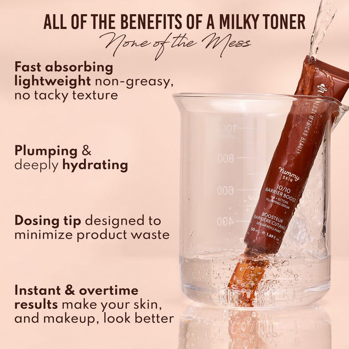 Milky toner stick being poured into a beaker with text highlighting benefits on a beige background