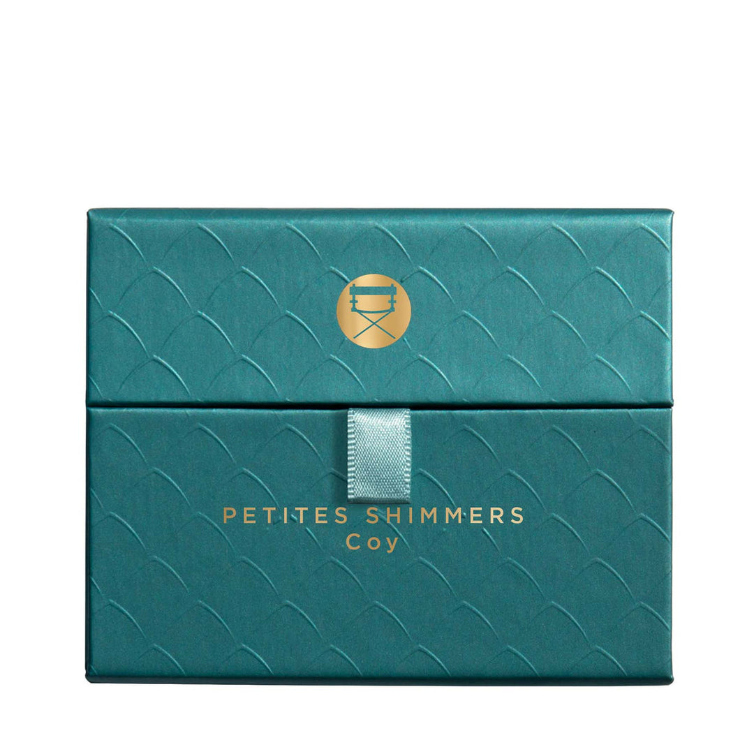 The Petites Shimmers Coy pallet out of sleeve closed showing blue case with imprinted fish scales.