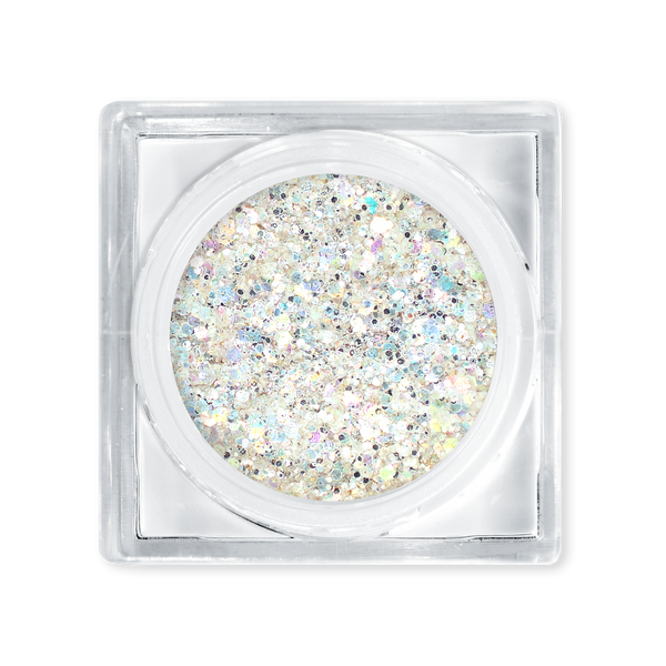 Multicolored glitter in a clear container on a white background