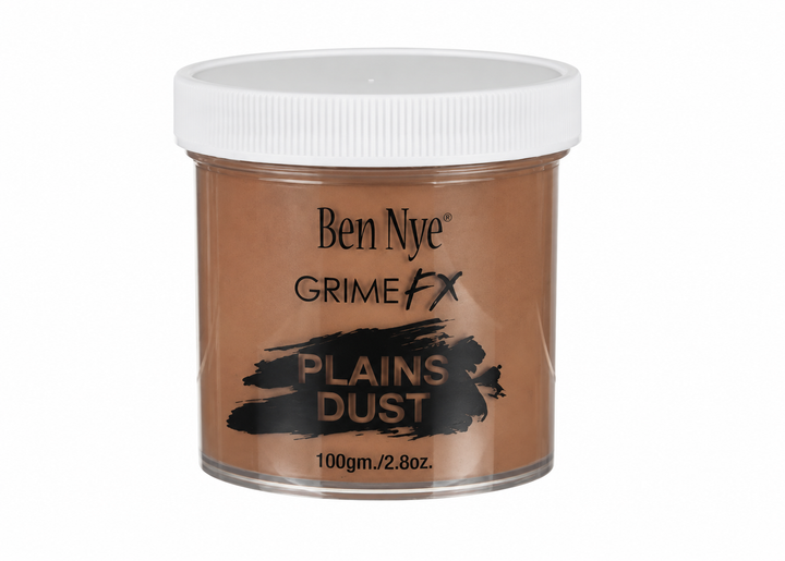Ben Nye Grime FX Plains Dust makeup powder in a clear plastic jar with a white screw-on lid, on a white background.