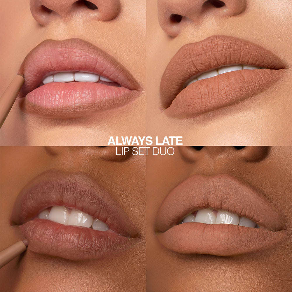 This is the Always Late Lip Duo set on two different skin tones. The pictures also demonstrate how it looks as you apply with each step