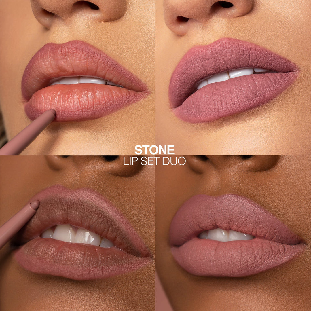 This picture demonstrates how the liner and the lip color looks on two different skin tones and how you look as each step is applied