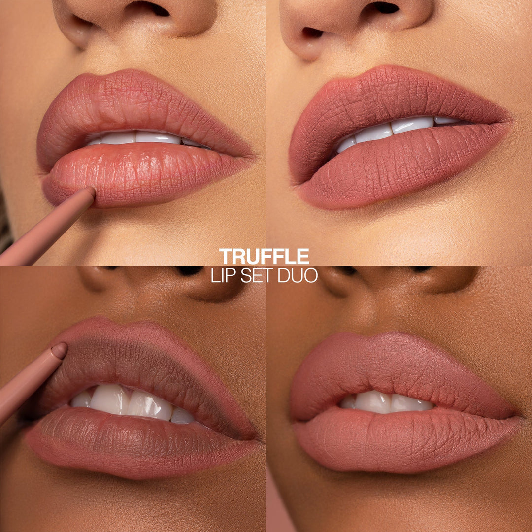 This is two models with two different skin tones showing what each lip looks like on each skin tone.