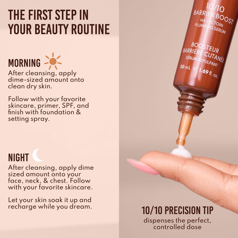 Serum bottle with dropper being used on skin, accompanied by usage instructions.