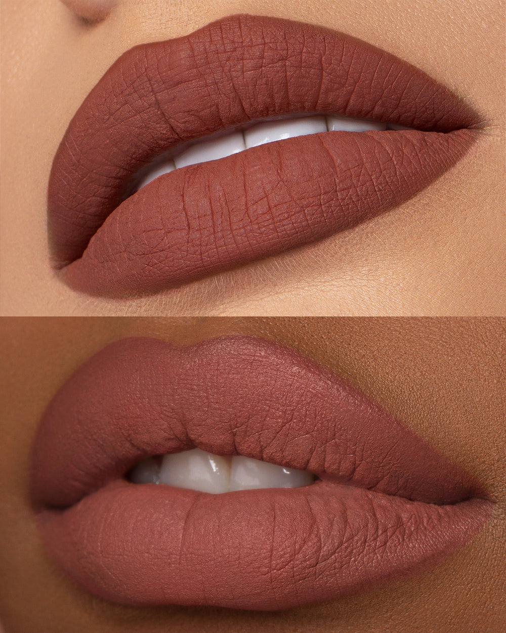 This is the Peaking Velvet Mousse Lipstick on two different skin tones. 