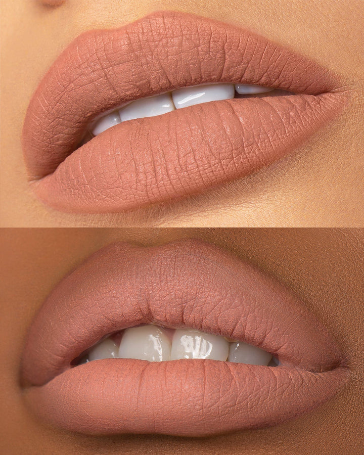 This is the Plush Velvet Mousse Lipstick on two different skin tones. Both skin tones showing a beautiful bright pink