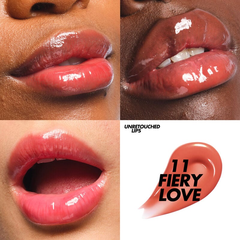 Close-up of glossy red lips with '11 Fiery Love' lipstick swatch.
