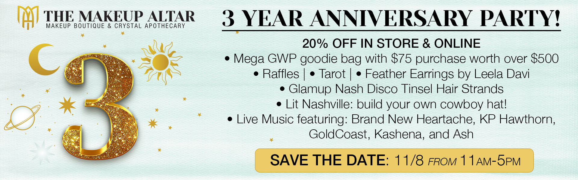 Promotional banner for The Makeup Altar's 3-year anniversary party with details and graphics.