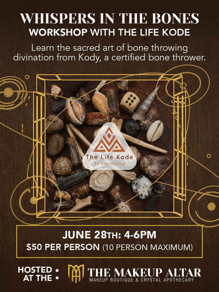 Promotional flyer for 'Whispers in the Bones' workshop with The Life Kode, featuring bone tools and stones on a dark background.