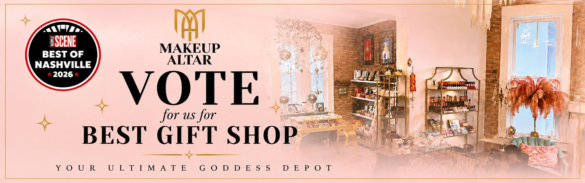 A promotional banner for Makeup Altar featuring a 'Best of Nashville 2026' award seal on the left, the brand logo and 'VOTE for us for BEST GIFT SHOP' text in the center, and a warm-toned interior boutique scene on the right.