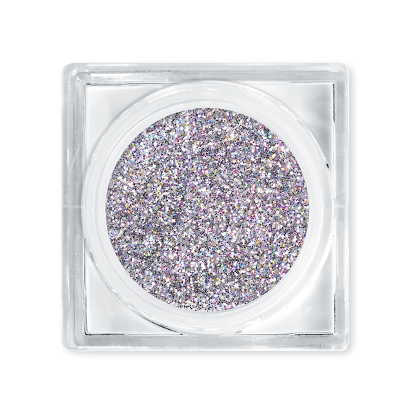 Iridescent glitter in a clear container on a white background