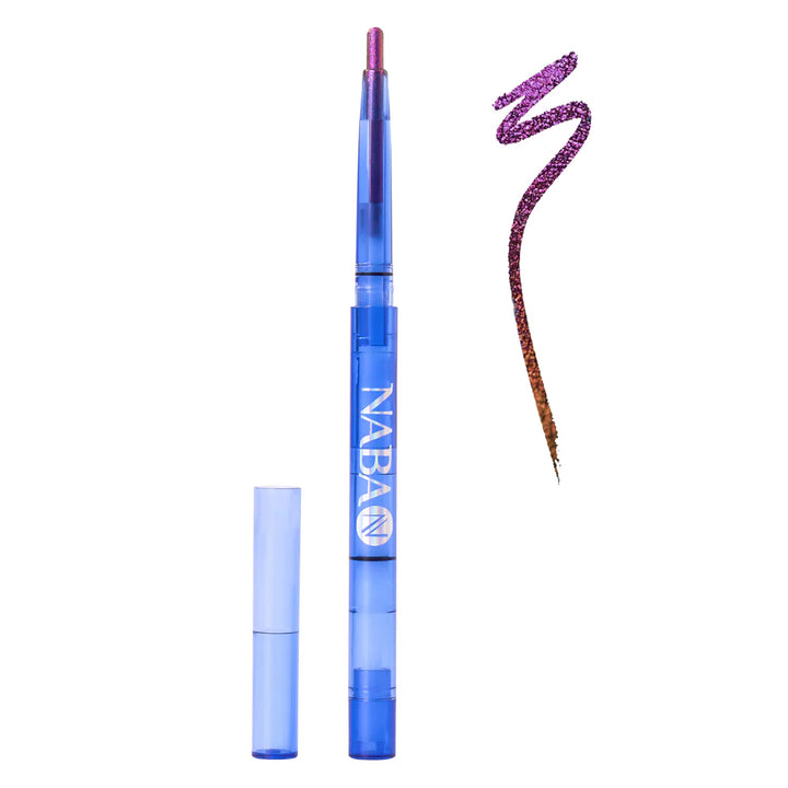 Blue lip liner with purple color swatch on a white background