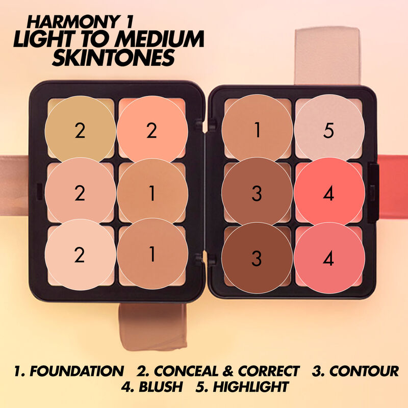 Harmony 1- HD Skin Face Essentials Palette With Highlighters numbered to show which shades are Foundation, Conceal & Correct, Contour, Blush, Highlight