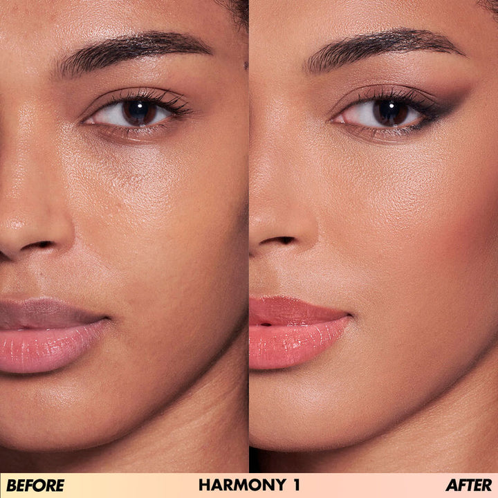 Harmony 1- HD Skin Face Essentials Palette With Highlighters before and after on darker skin tone