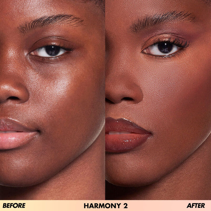 Harmony 2- HD Skin Face Essentials Palette With Highlighters before and after on darker skin tone