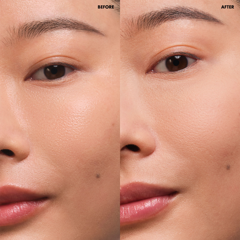Before and after comparison of a woman's eye area with makeup application.