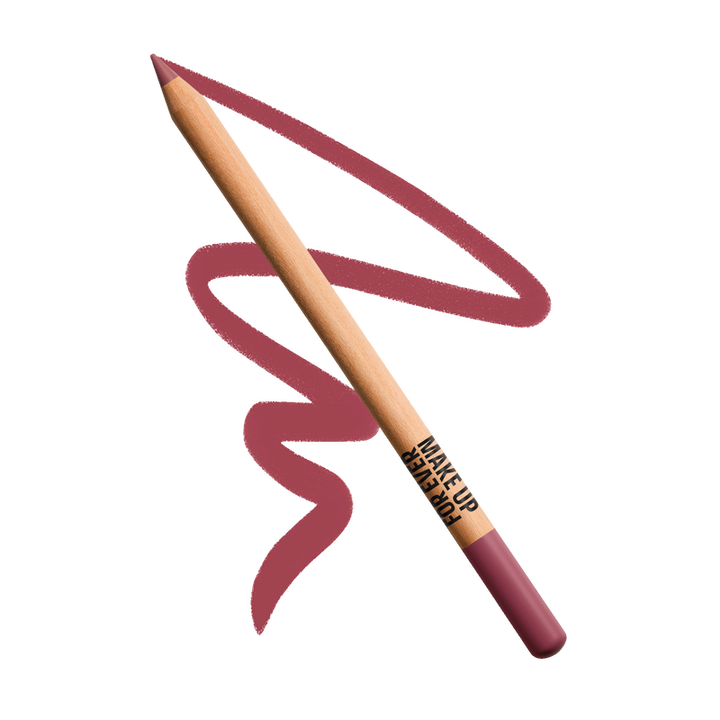 Lip liner pencil with pink swatch on a white background