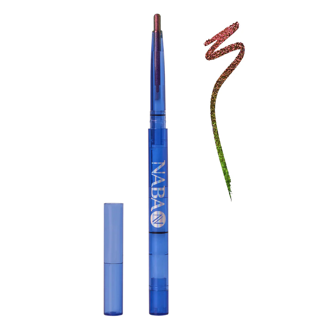Blue makeup pencil with cap and sample on a white background, featuring the brand 'NABAIJI'.