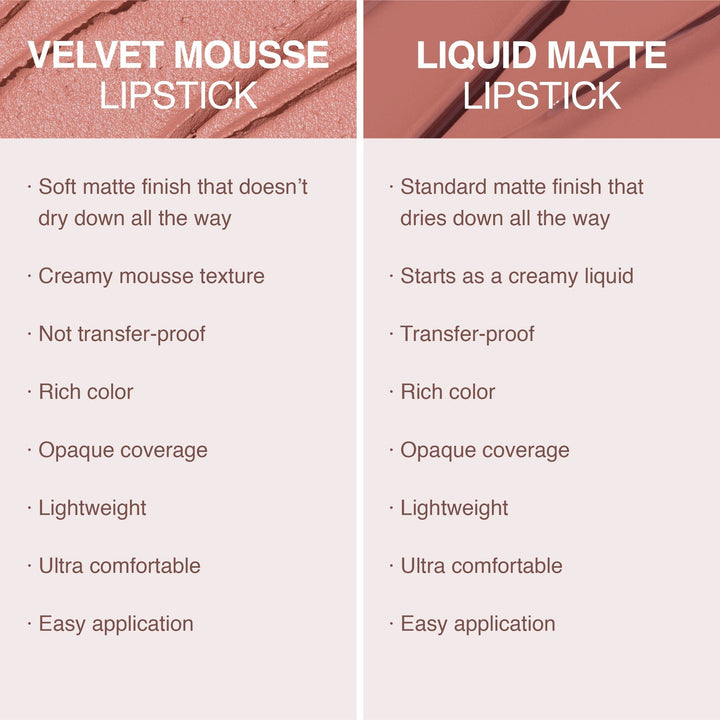 This picture shows the difference between the Velvet Mousse and the Liquid Matte Lipstick.