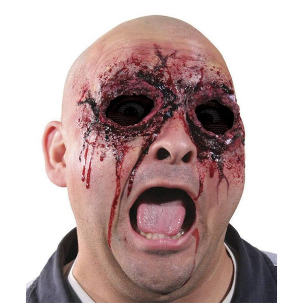 Person wearing a horror-themed mask with blood effects on a white background