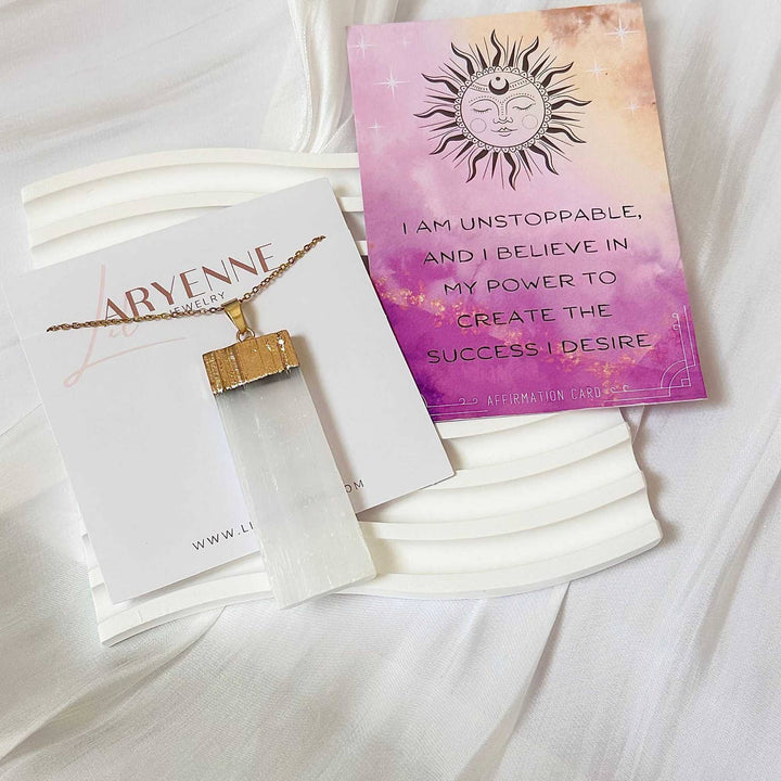 Selenite Bar Necklace with an inspirational card