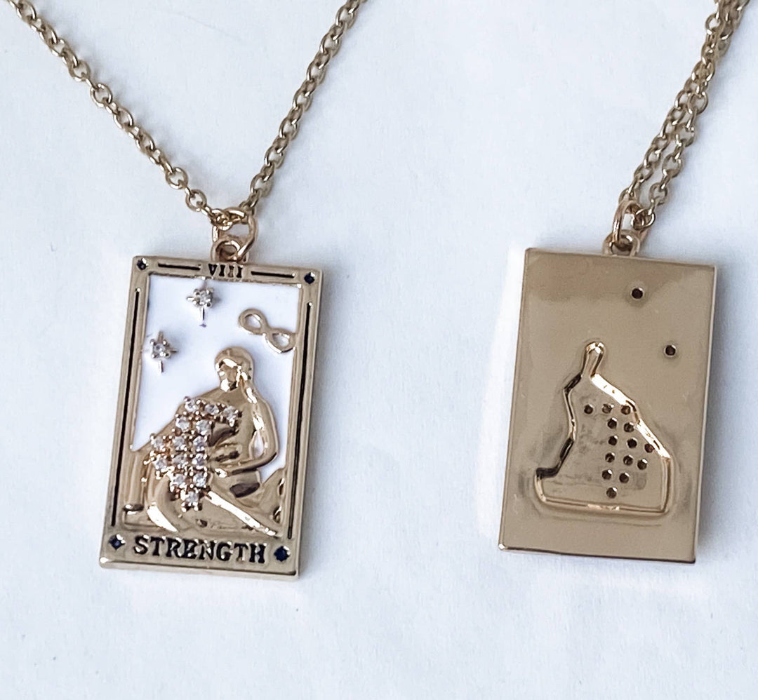 Tarot Card Necklace- Strength- Wrestling a Lion. 18K Gold