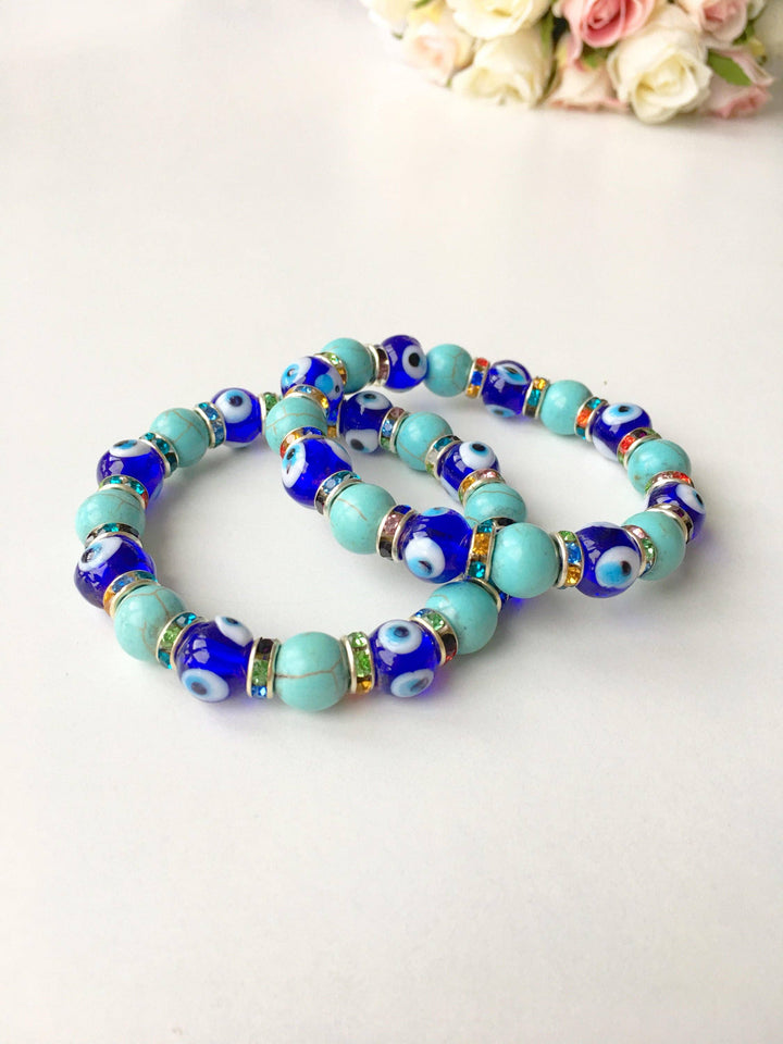 Blue Evil Eye Glass Bead Stretch Bracelet