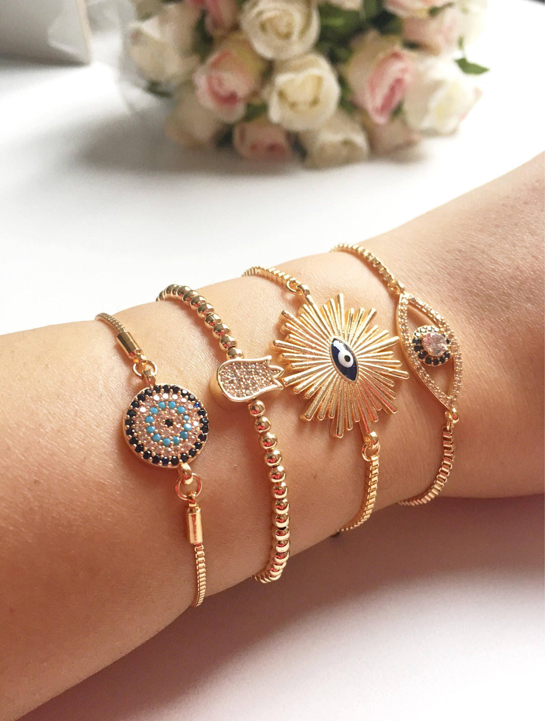 Gold Evil Eye Bracelet, Adjustable Greek Jewelry