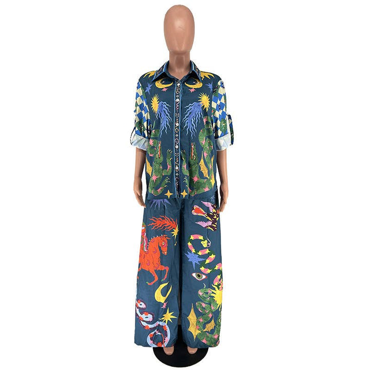 Wonderland print polyester blouse pants 2 piece set
