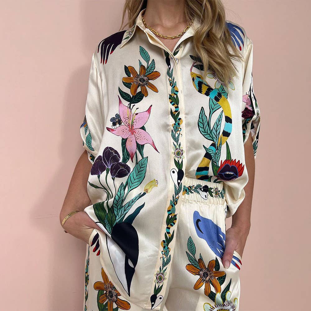 Loose Vintage Print Shirt Trouser Set