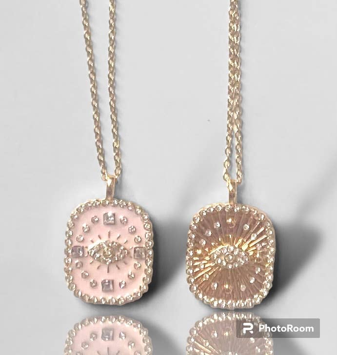Evil Eye Protection Pendant Necklace – Pink Enamel & Gold Crystal Charm