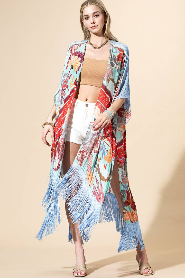 Azule Bloom Fringed Kimono