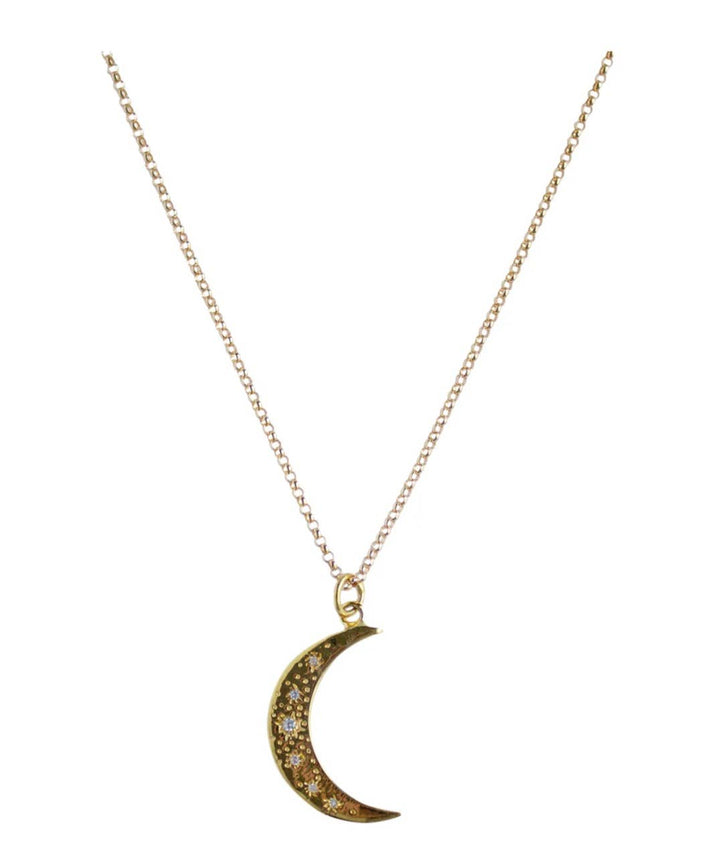 Crescent Moon Opal and Crystal Steel 14K Gold Necklace