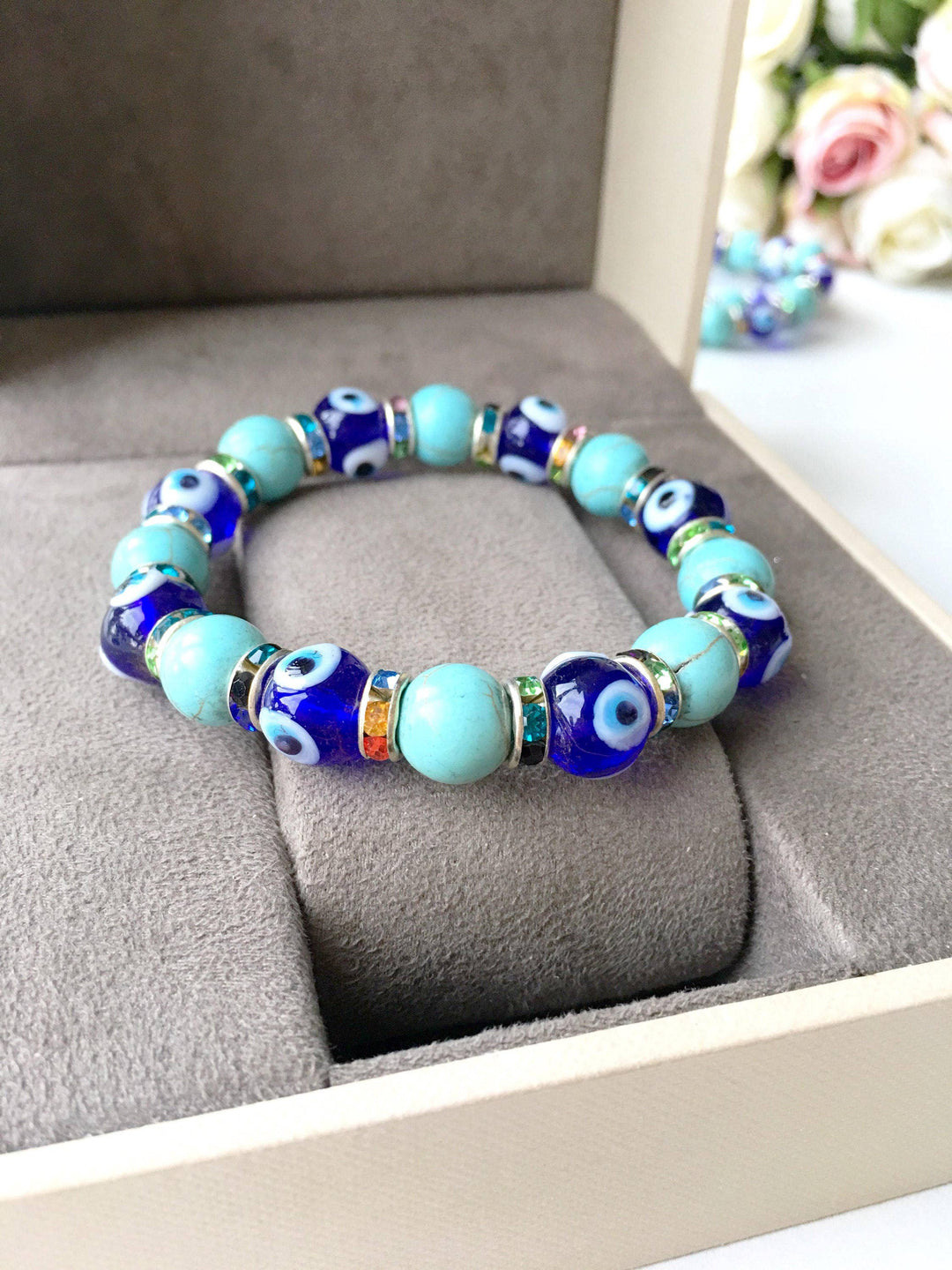 Blue Evil Eye Glass Bead Stretch Bracelet