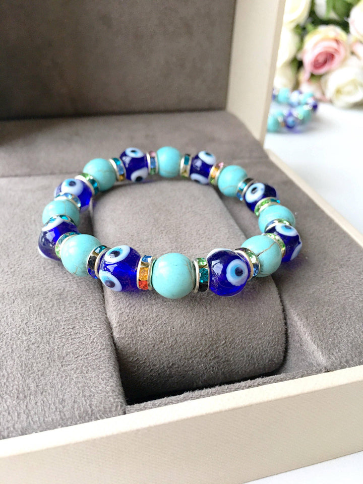 Blue Evil Eye Glass Bead Stretch Bracelet