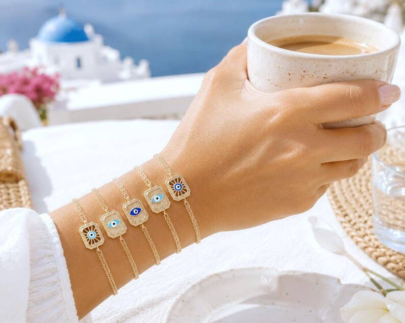 Blue Evil Eye Gold Chain Bracelet, Adjustable Dainty Style