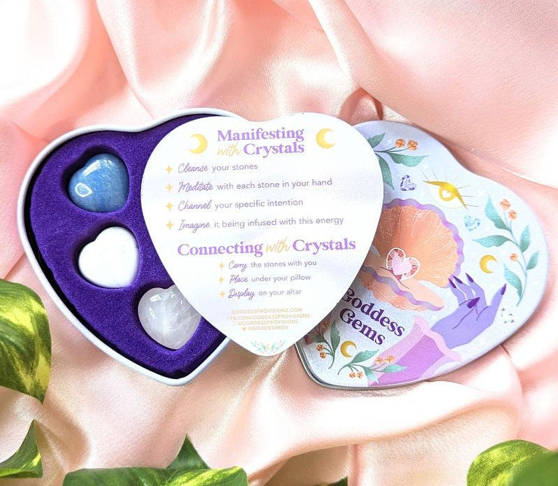 Crystal Heart Tin Set showcasing the lid, some of the crystals and info for crystals 