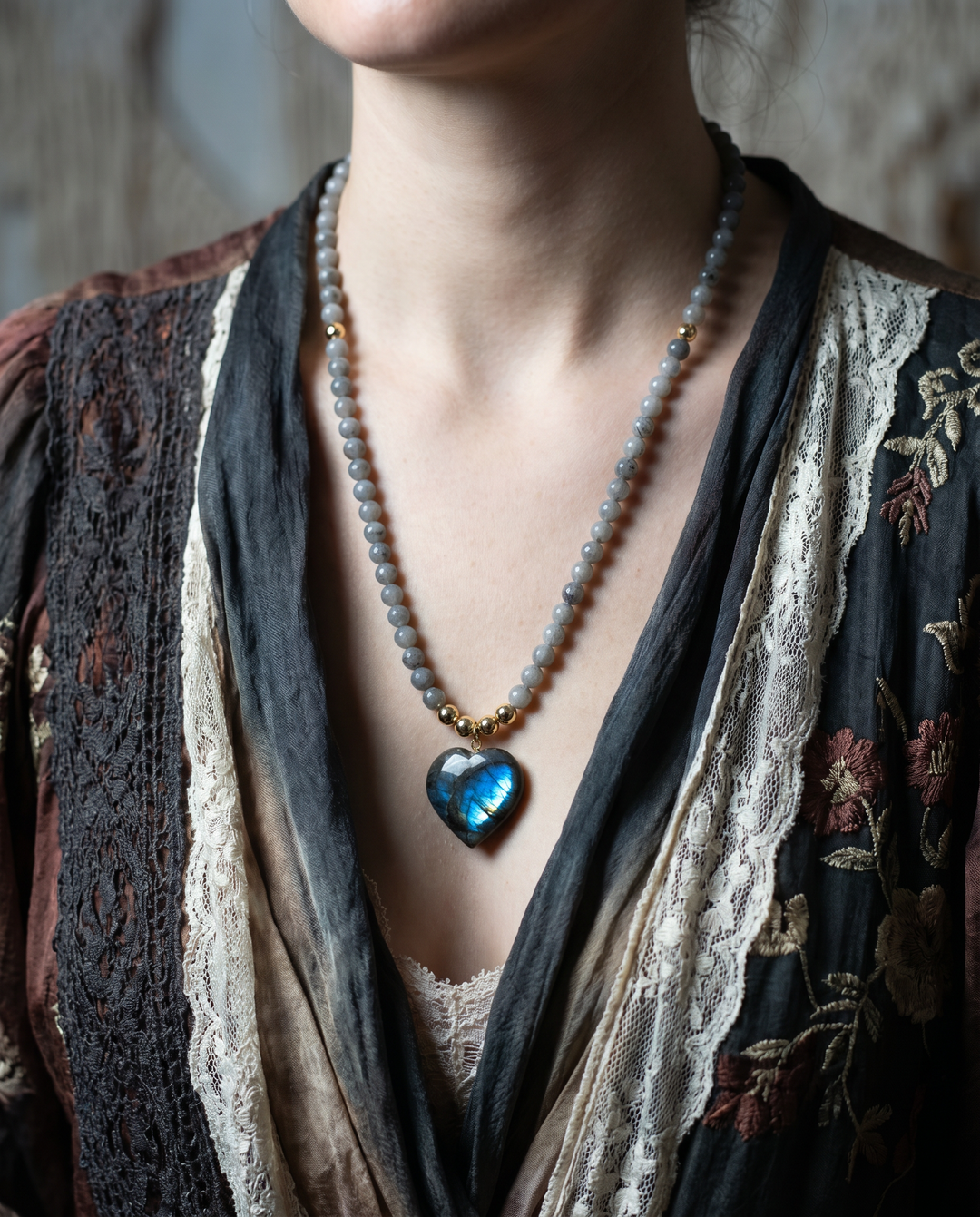 Labradorite Heart Necklace · Natural Bead Strand ·